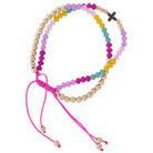 2 Strand Pink, Yellow, Tq, Gold, Lavender Beaded Pully Adj. Bracelet with Gold Cross