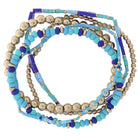 Set of 5 Royal, Tq, Blue, Gold Beaded Stretch Bracelet