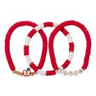 Set of 3, Red, White Rubber Disk Beaded Stretch Bracelet with Apple & "Teach"
