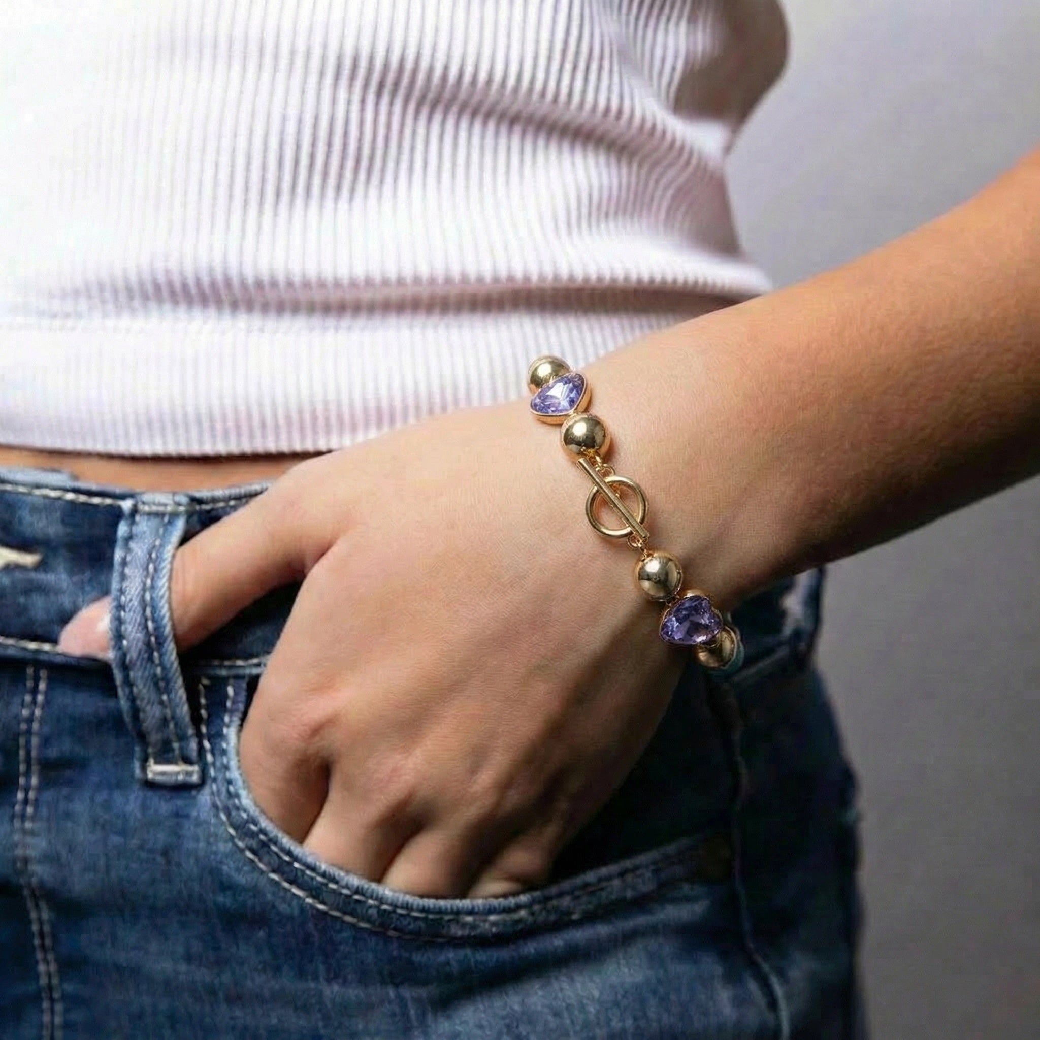 Lavender, Gold Heart Link Toggle Bracelet - Charming Charlie