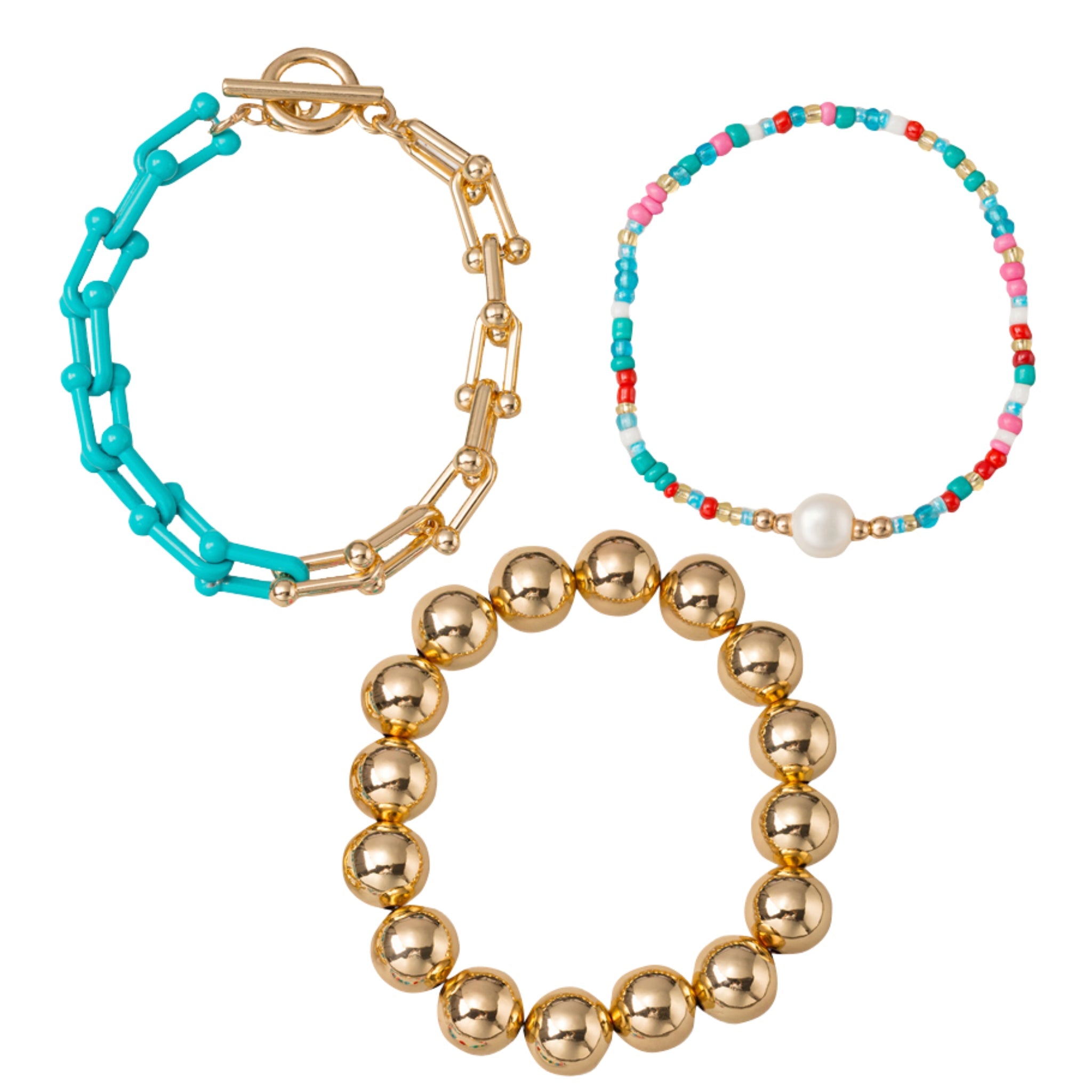 Set of 3, Beaded Gold Ball, Blue, Red, Pink with Pearl, Gold & Blue Link Toggle Bracelet