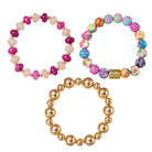 Set of 3, Gold Ball, Patterned Rubber Bead, Pink Gem Stone Beaded Stretch Bracelet