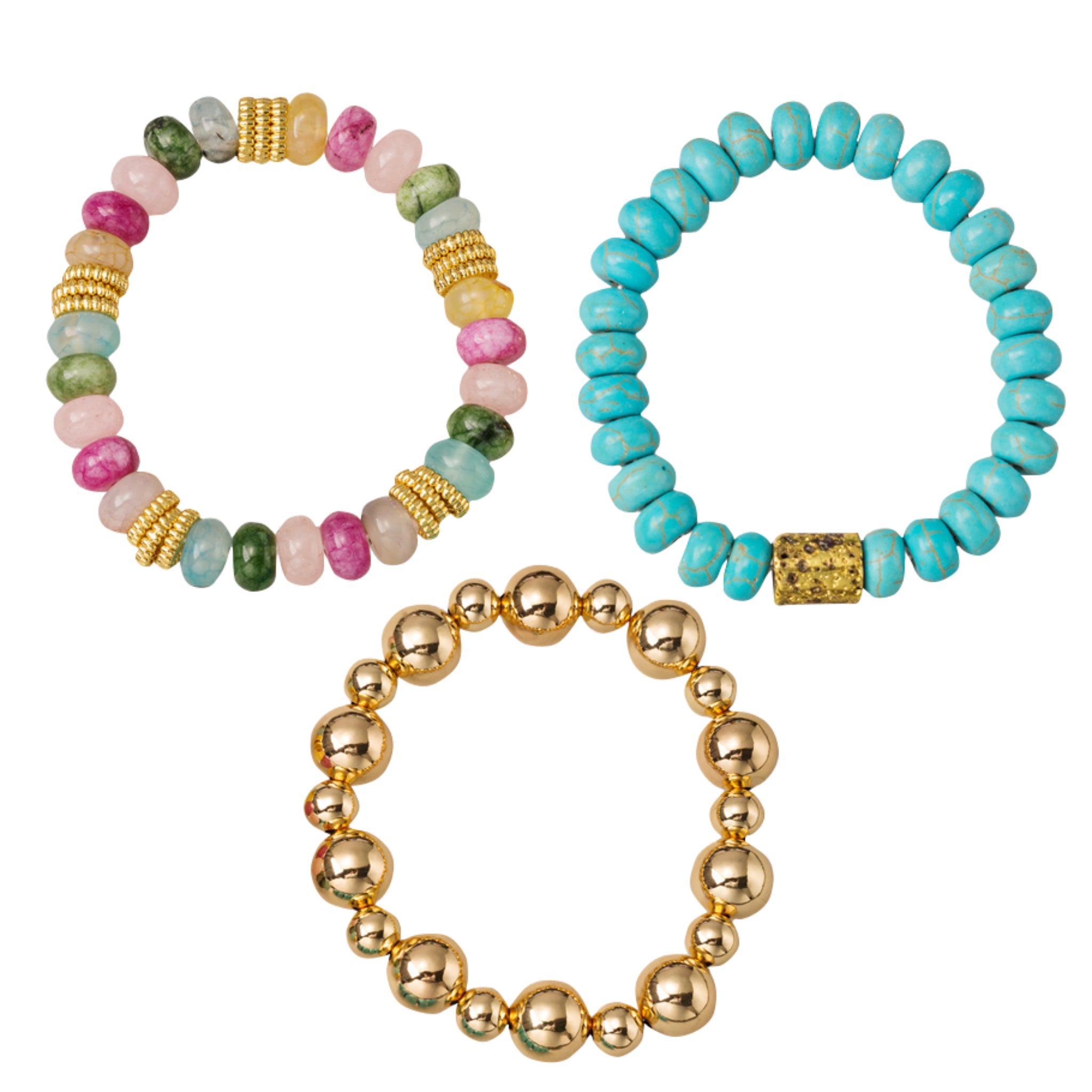Set of 3, Gold Ball, Multi Gem Stone, Turquoise Beaded Stretch Bracelet