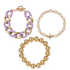 Set of 3, Beaded Gold Ball, White Gemstone with Cross, Purple & Gold Link Toggle Bracelet