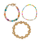 Set of 3, Multi Faceted Gemstone, Multi Seed Bead with Pearl Beaded Stretch, Toggle Bracelet