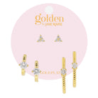 Golden Trio! 18K Gold Plated Trio Crystal Stud, Crystal Huggie, Bar & Twist Huggie Earrings Set
