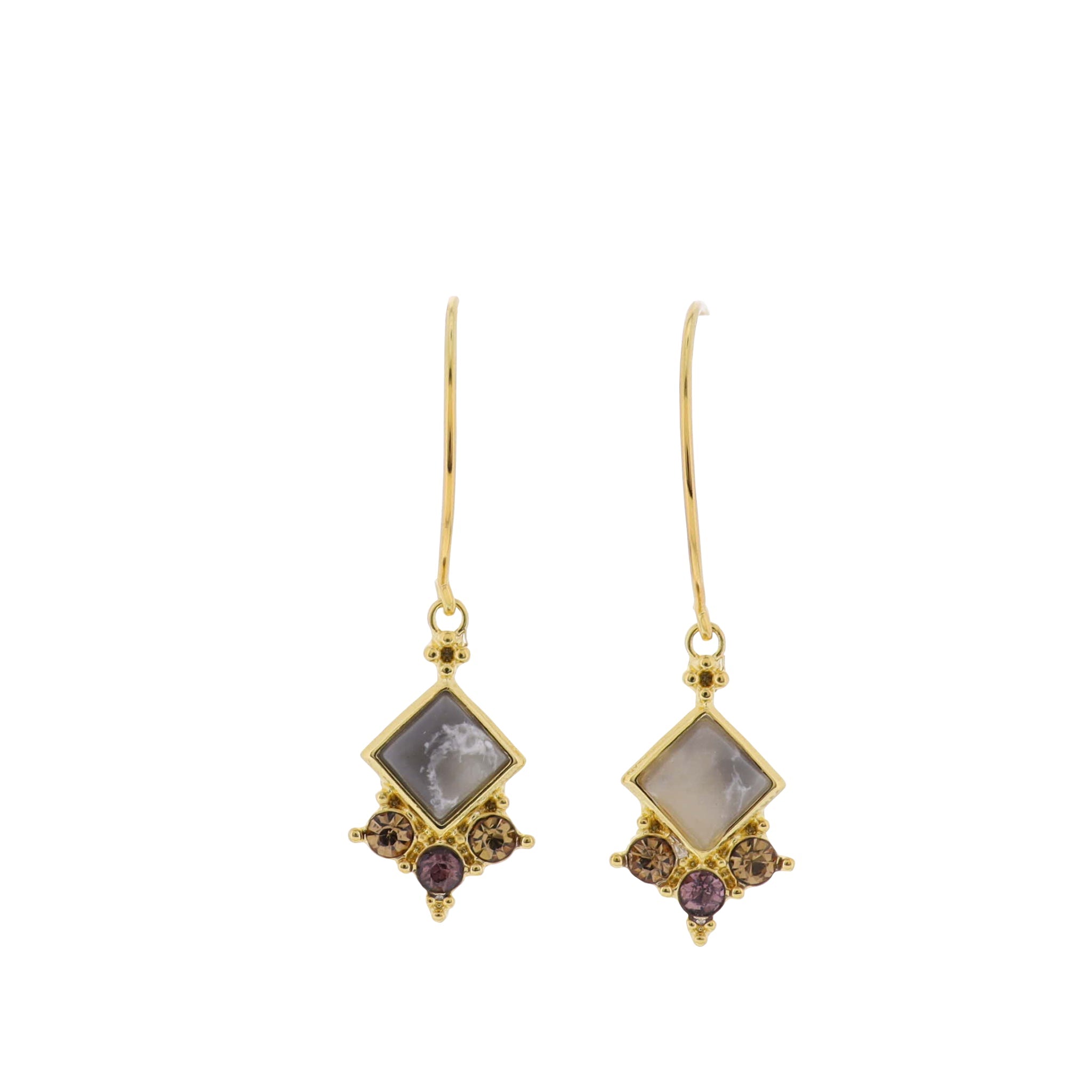 18K Gold Plated Gold Half Hoop Earrings with Grey Square Stone with Crystal Accents