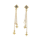 18K Gold Plated Gold, Crystal Square Earrings with Gold Chain Fringe wirh Crystal & Cross Accents