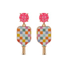 Checkered Print Multi, Gold Pickleball Paddle Earrings