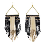 Gold Triangle Earring with Black, Gold, White Beaded Fringe