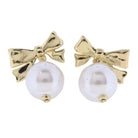 Gold Bow Earring with Pearl Bead