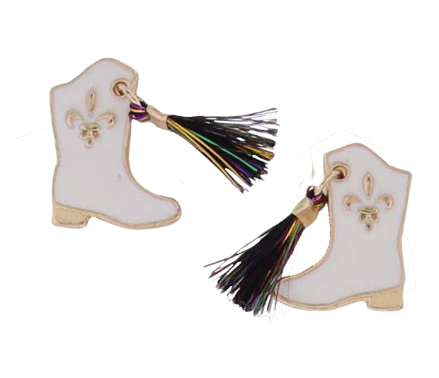 Kids White Mardi Gras Boot & Tassel Earrings - Charming Charlie
