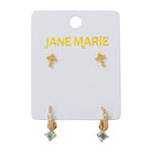 18K Gold Plated Set of 2, Bubble Cross with Light Blue Crystal Huggie Earring