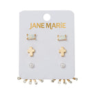 Set of 3 Earrings, Opal Rectangle, Gold Cross, Pearl with Crystal Top Fan Jacket