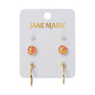 Set of 3 Earrings, Pearl, Pink Opal, Gold Ball with Hoop Jacket