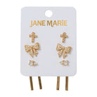 Set of 3 Earrings Pearl Cross, Crystal Bow, Crystal with Double Bar Jacket