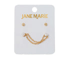 Set of 2 Earrings, Gold Ball, Pearl Double Stud Chain Earring