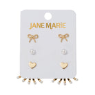 Set of 3 Earrings, Gold Bow, Pearl , Gold Heart with Pearl Tip Fan Jacket