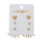 Set of 3 Earrings, Crystal Heart, Crystal, Gold Ball with Gold Ball Tip Fan Jacket