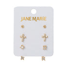 Set of 3 Earrings, Gold Ball, Crystal Cross, Crystal with Crstyal Jacket