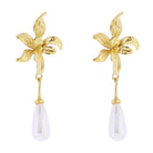 Gold Flower Post with Pearl Teardrop Earring