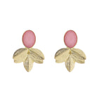 Pink, Gold Gemstone Post with Gold Leaf Fan Earring