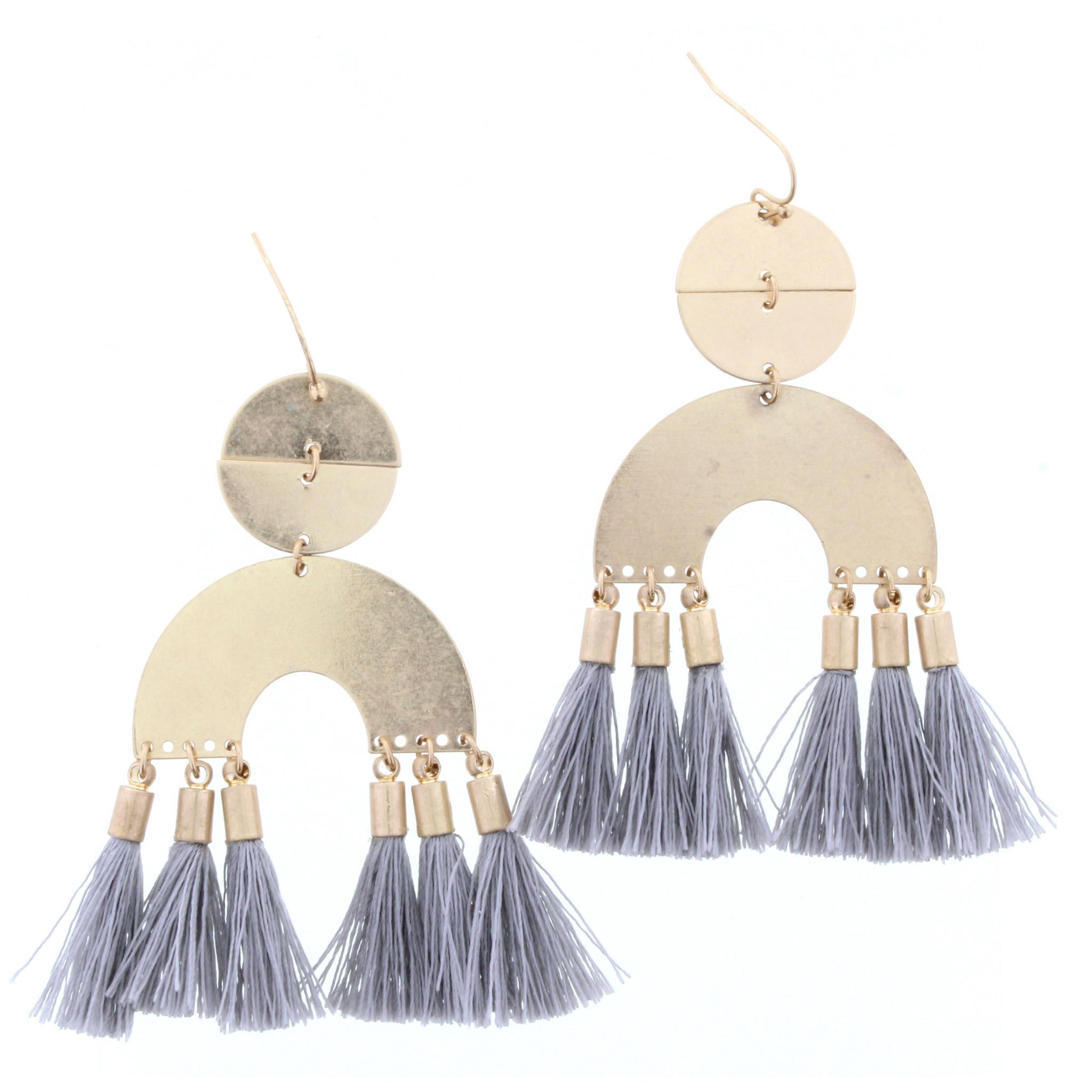 Gold Circle with Arch and Grey Tassels Earring