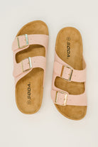 Jete Nubuck Double Buckle Slides in Blush - Charming Charlie