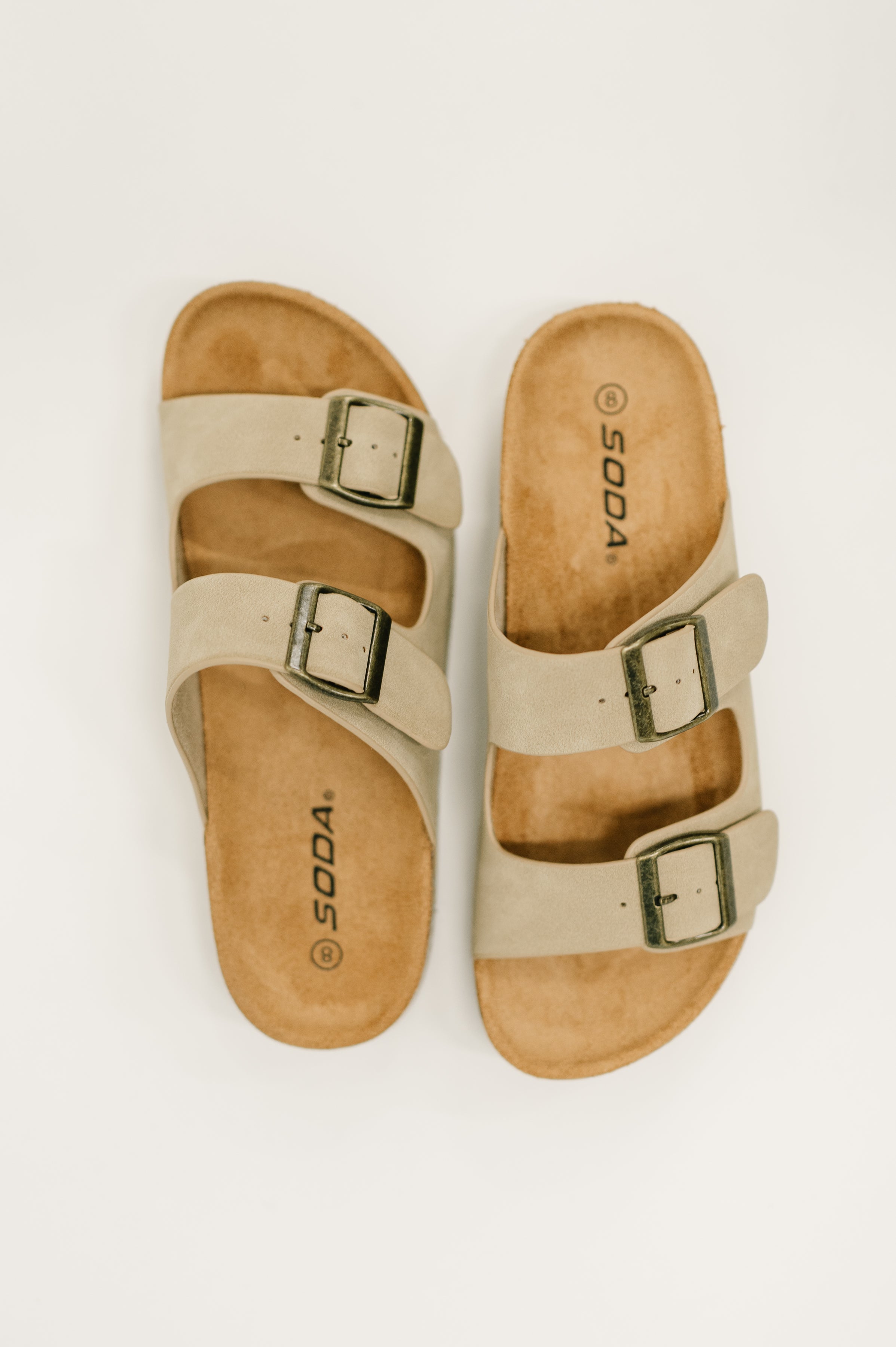 Jete Nubuck Double Buckle Slides in Light Taupe - Charming Charlie