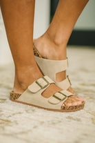 Jete Nubuck Double Buckle Slides in Light Taupe - Charming Charlie