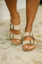 Jete Nubuck Double Buckle Slides in Light Taupe - Charming Charlie