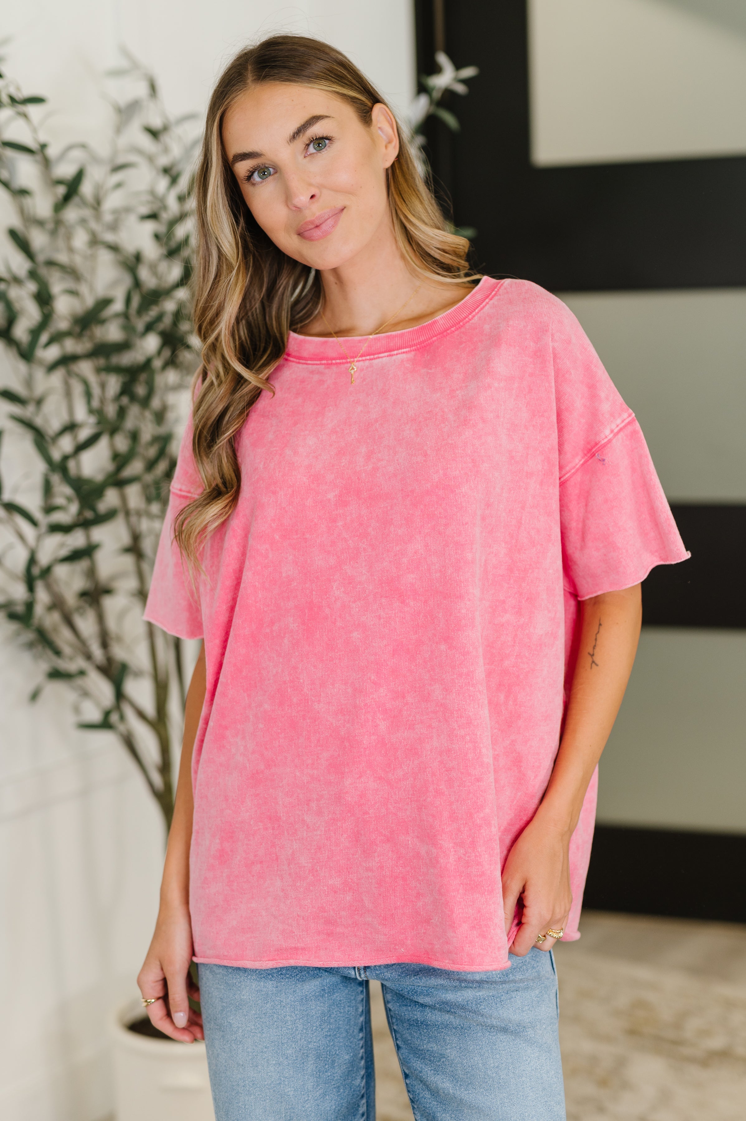 Just My Type Mineral Wash Relaxed Top in Fuchsia - Charming Charlie