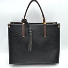 Large Shoulder Vegan Leather Tassel Handbag For Women - Black - Tote Bag