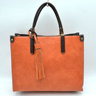 Large Shoulder Vegan Leather Tassel Handbag For Women - Orange - Tote Bag