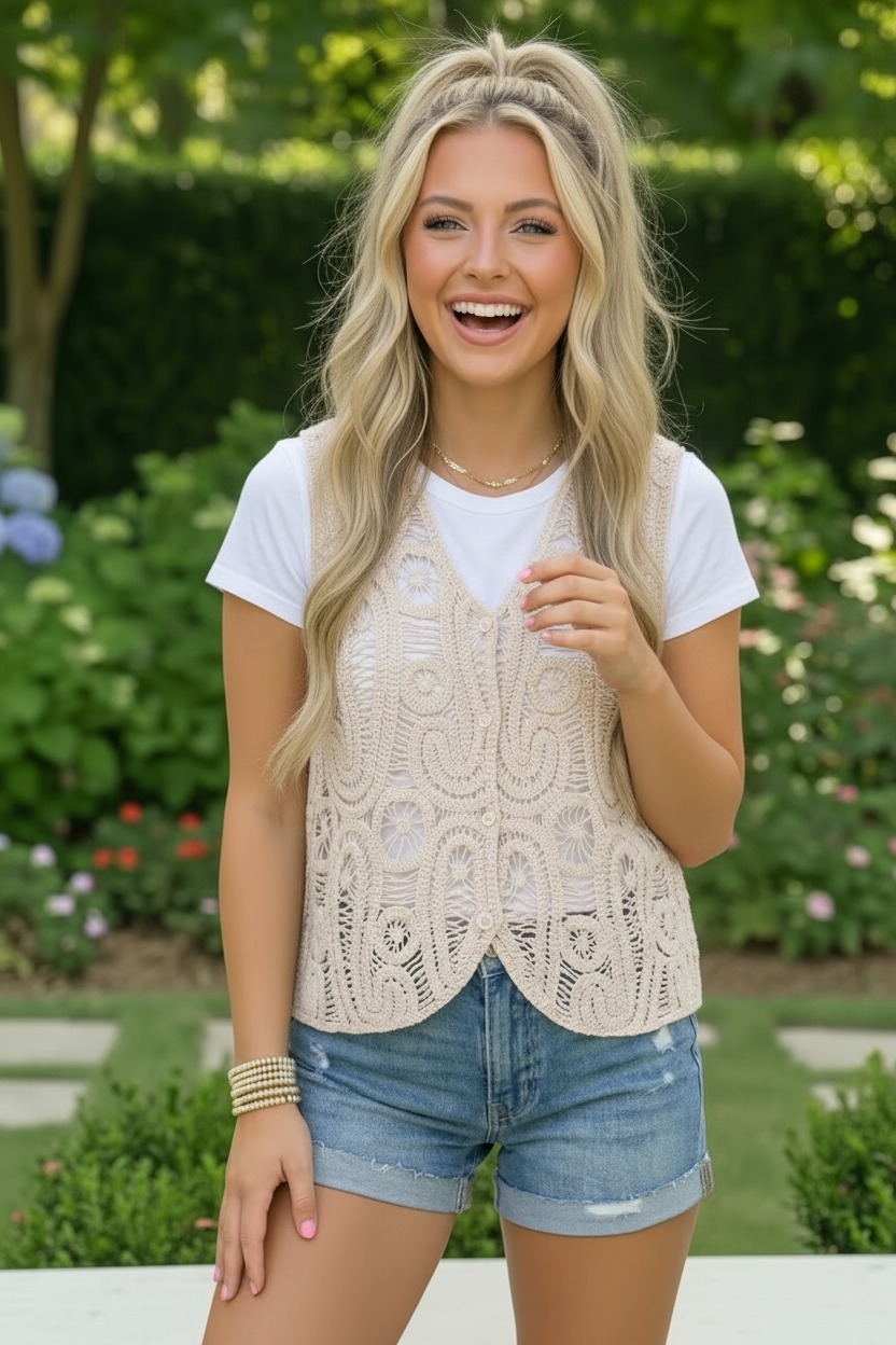 Boho Crochet Vest With Floral Scroll Detail - Charming Charlie