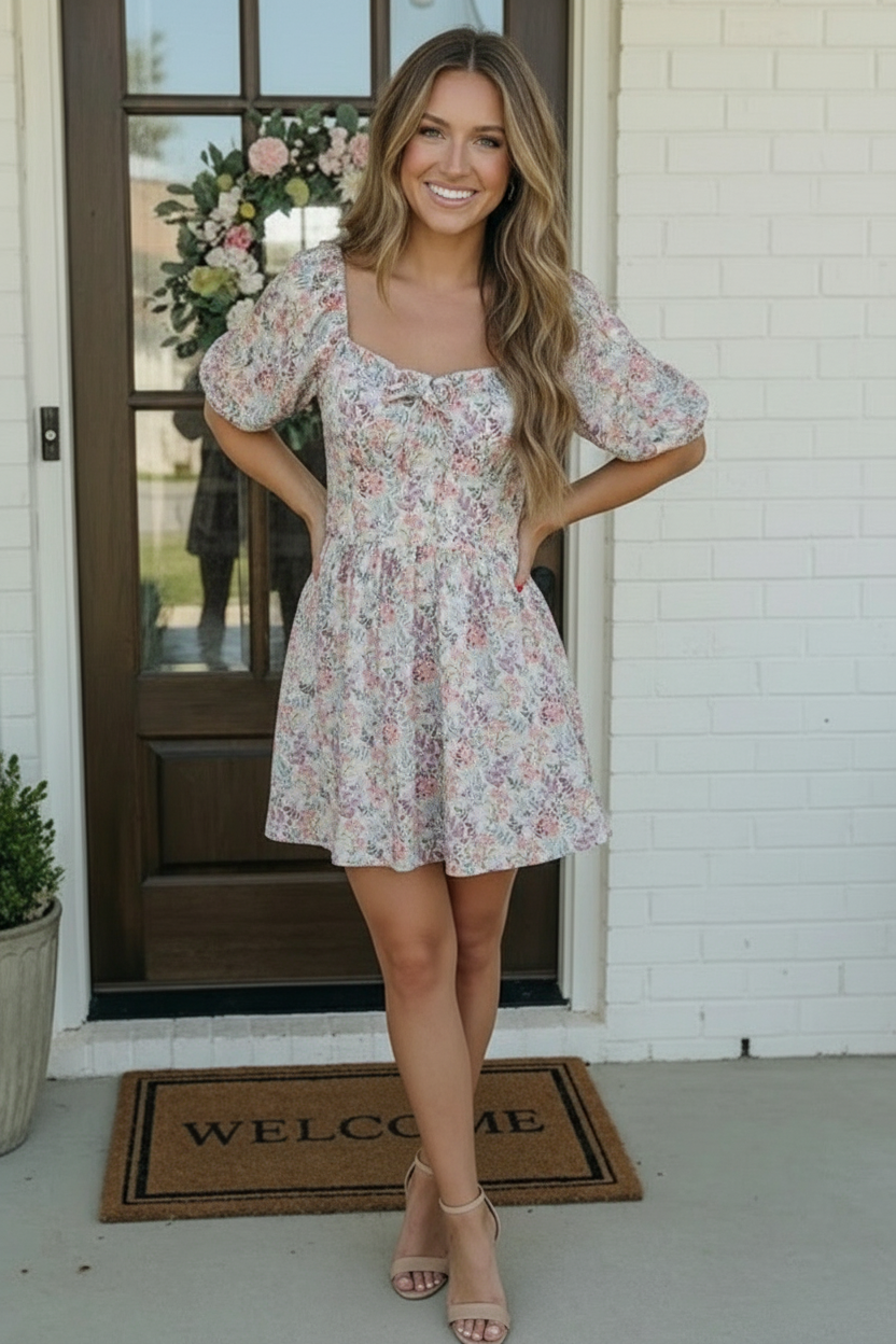 Garden Party Dreams Floral Puff Sleeve Mini Dress - Charming Charlie