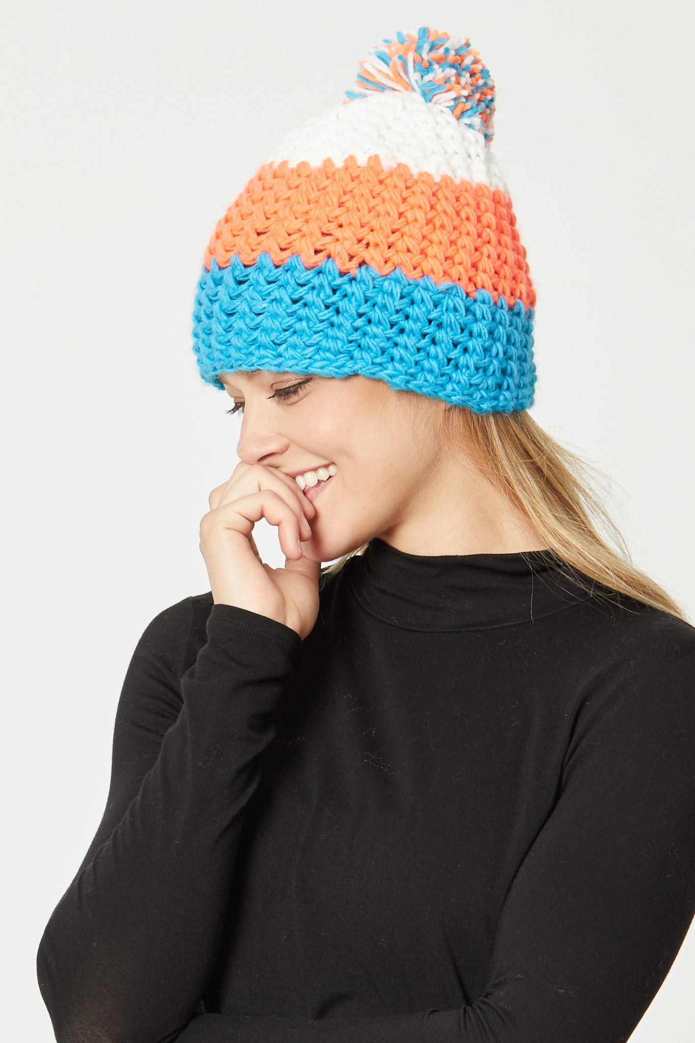 Colorblock Knit Beanie With Pom