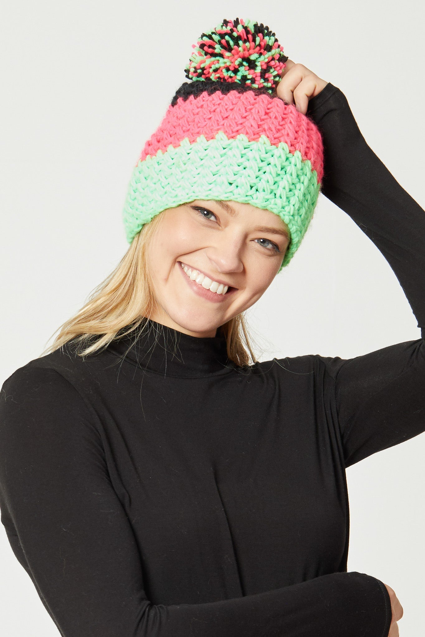 Colorblock Knit Beanie With Pom - Charming Charlie