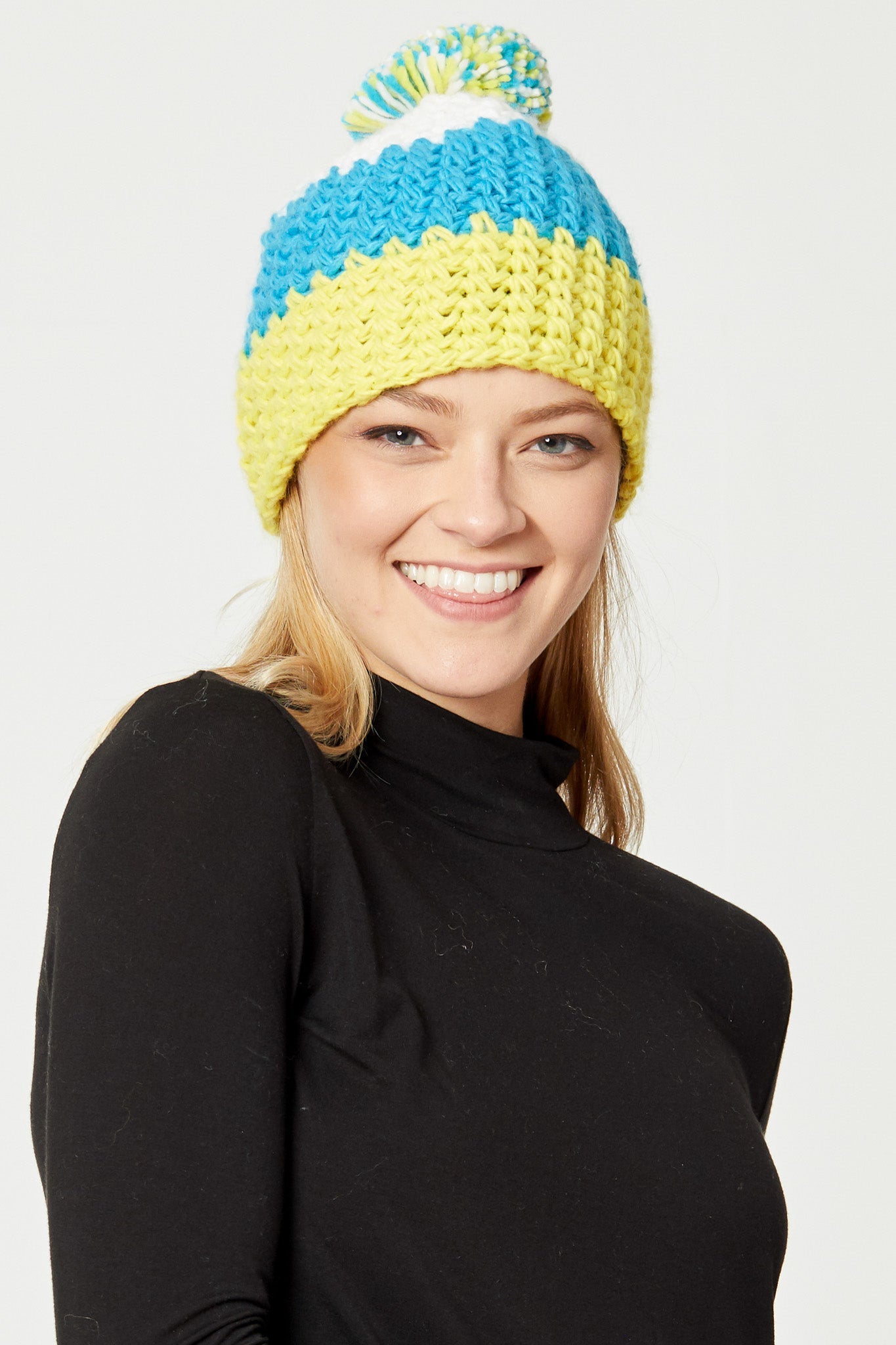 Colorblock Knit Beanie With Pom