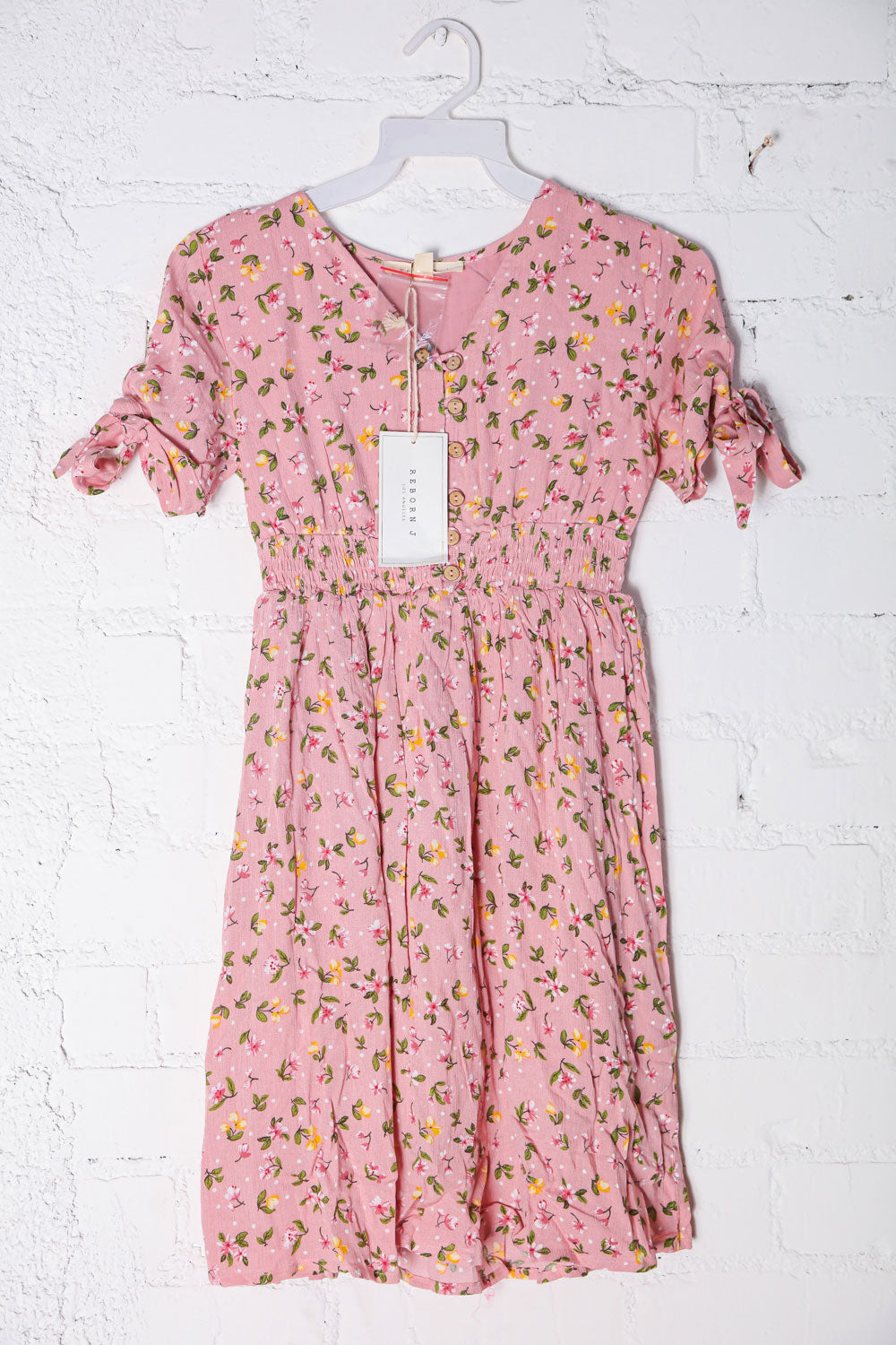 Kids Adorable Rose Smocked Waist Floral Bow Tie Sleeve Dress - Charming Charlie