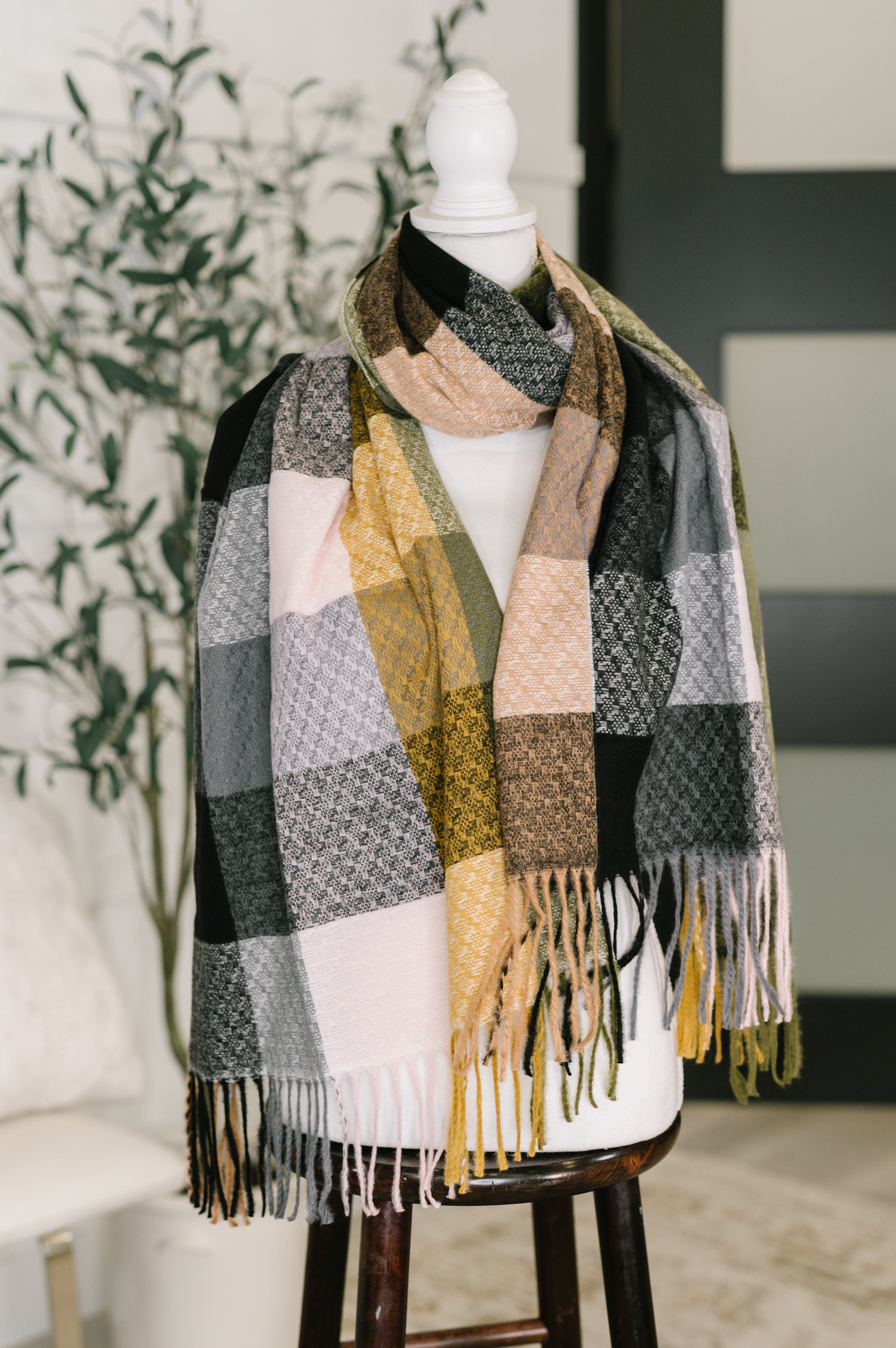 Keep Me Cozy Checkered Fringe Scarf in Woodland Shades - Charming Charlie