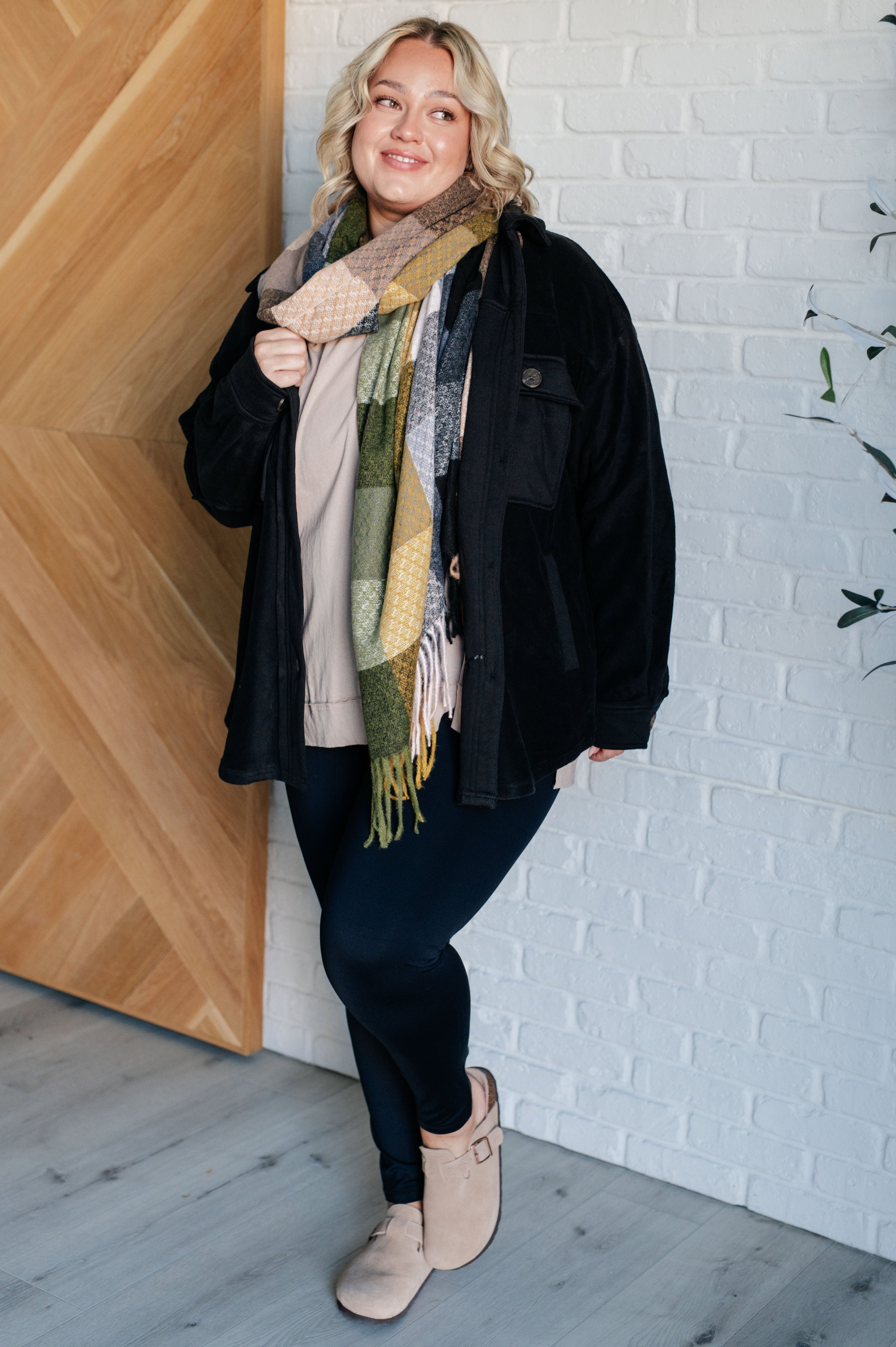 Keep Me Cozy Checkered Fringe Scarf in Woodland Shades - Charming Charlie