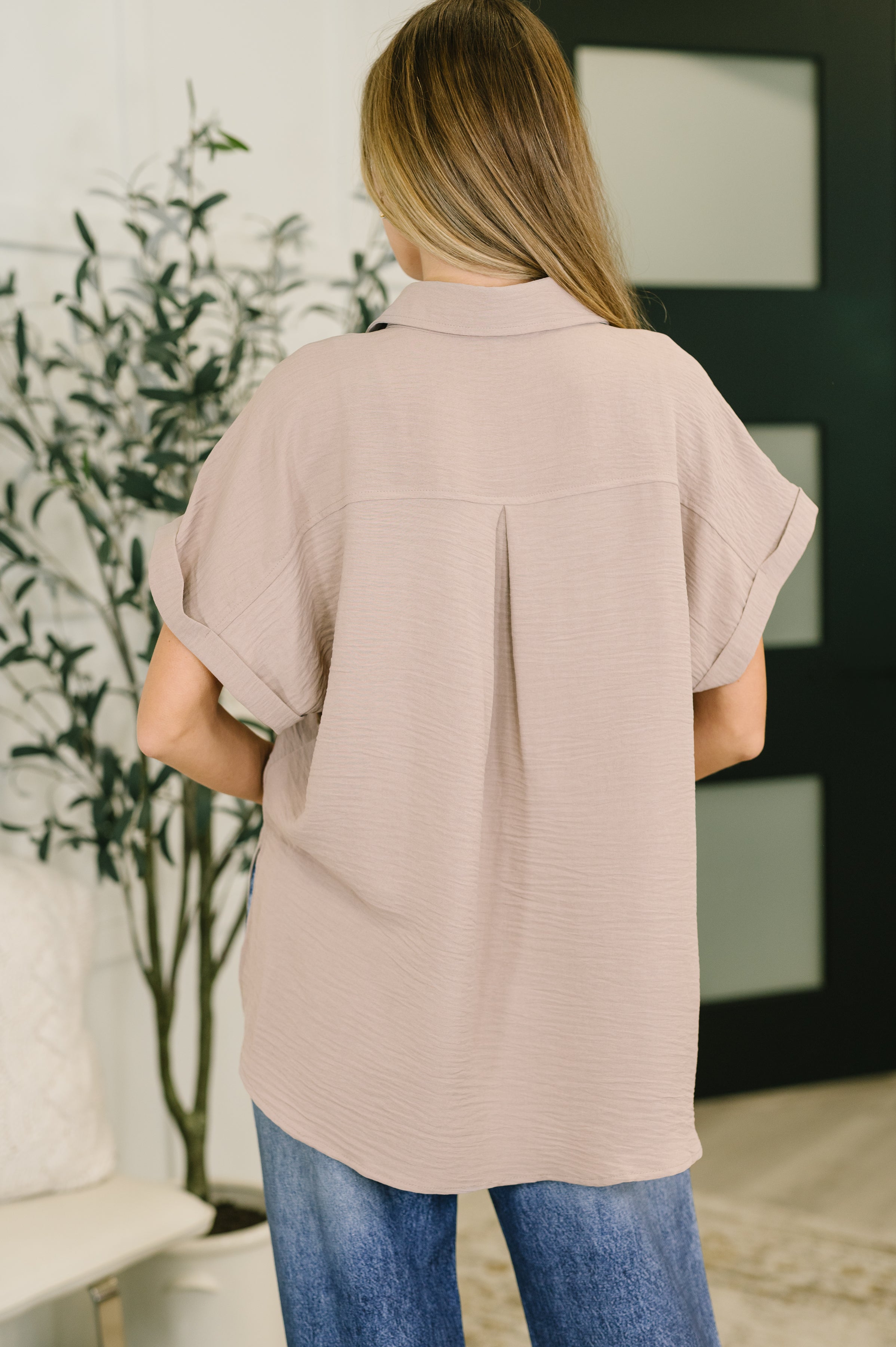 Keep Up Collared Button Down in Ash Mocha - Charming Charlie