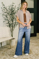 Keep Up Collared Button Down in Ash Mocha - Charming Charlie