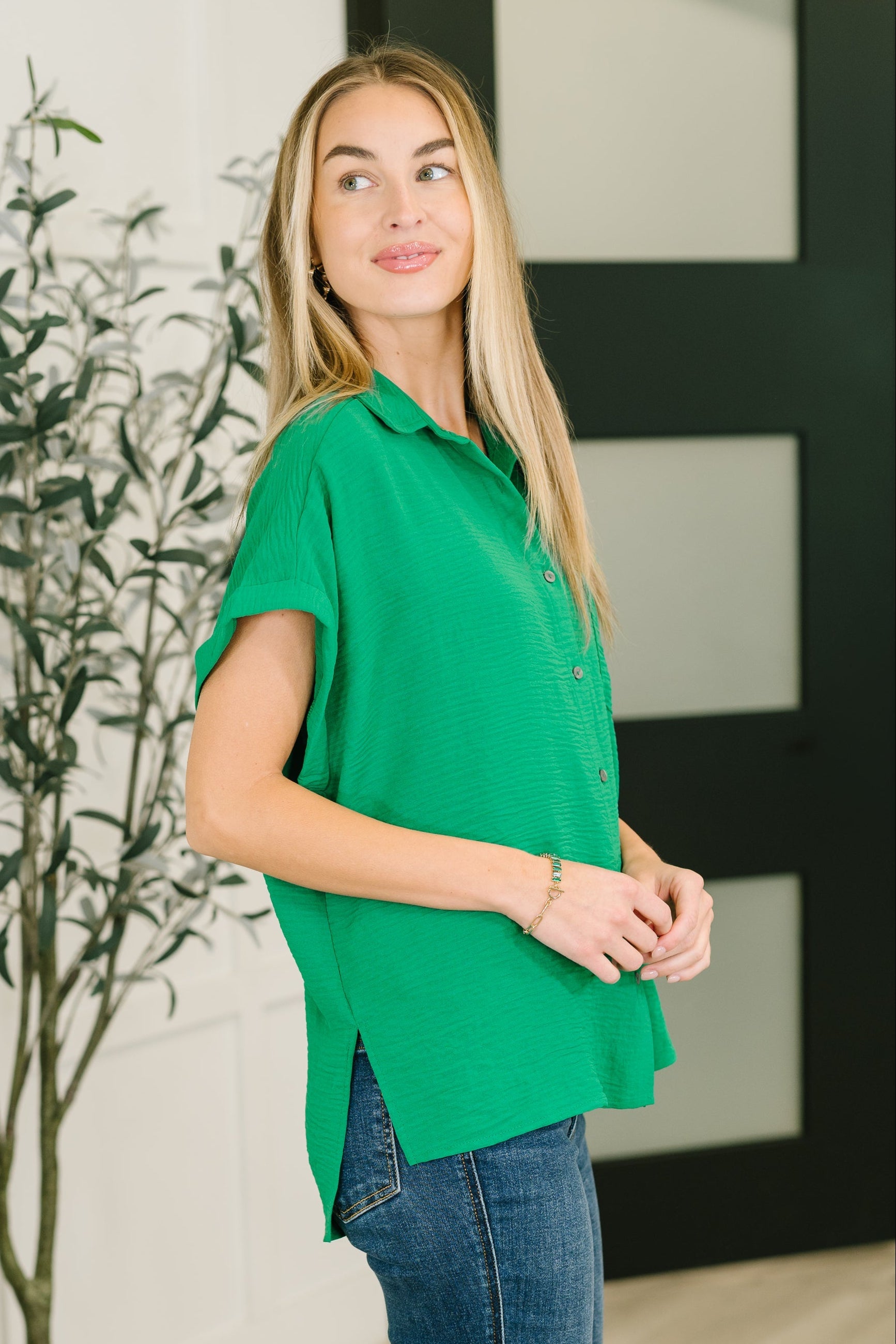 Keep Up Collared Button Down in Green - Charming Charlie