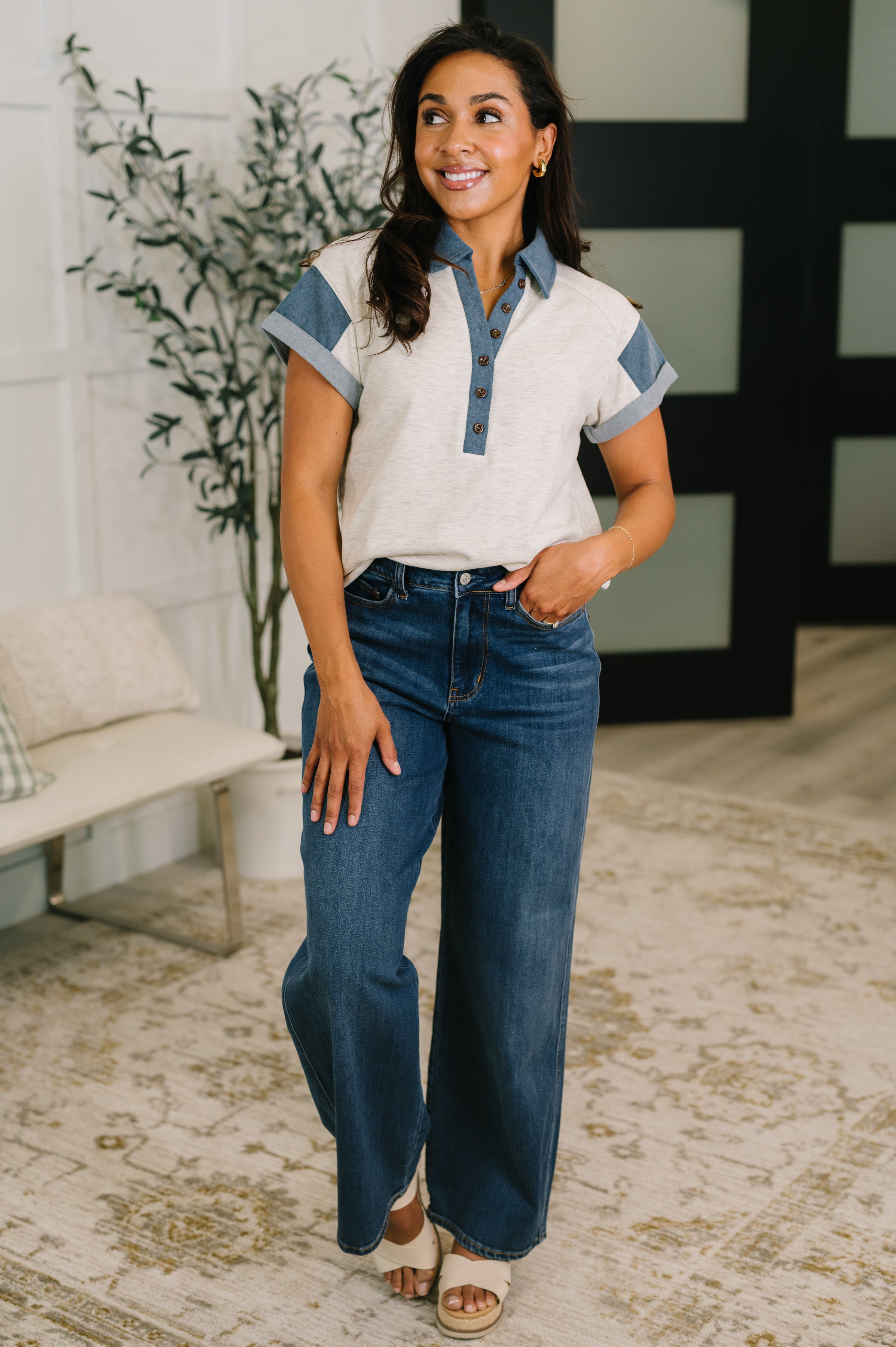Knowing Me Collared Henley Top - Charming Charlie