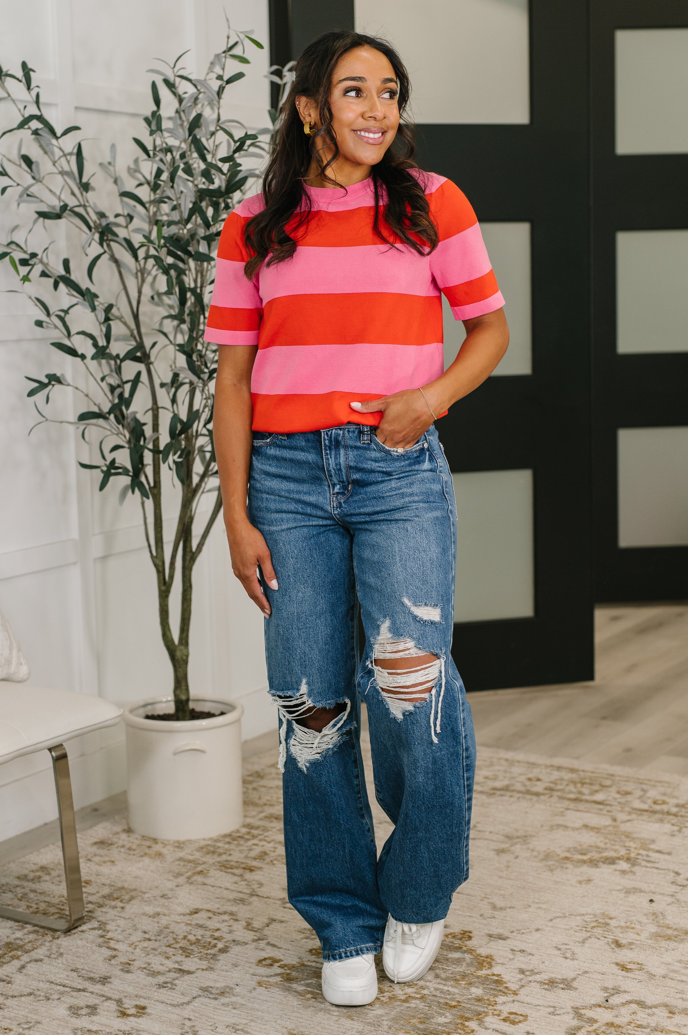 Known for a While Knit Blouse in Pink and Red - Charming Charlie
