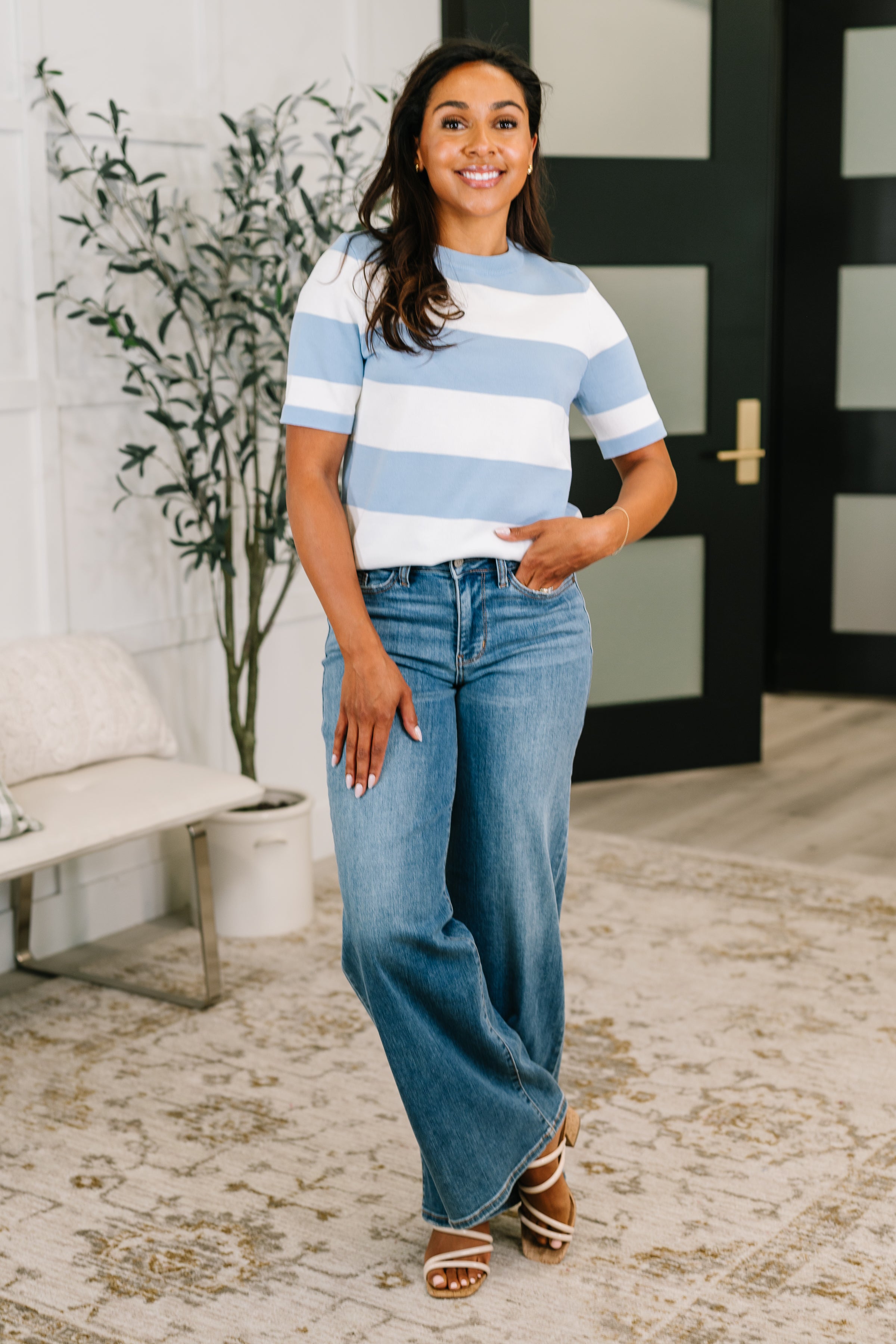Known for a While Knit Blouse in White and Blue - Charming Charlie