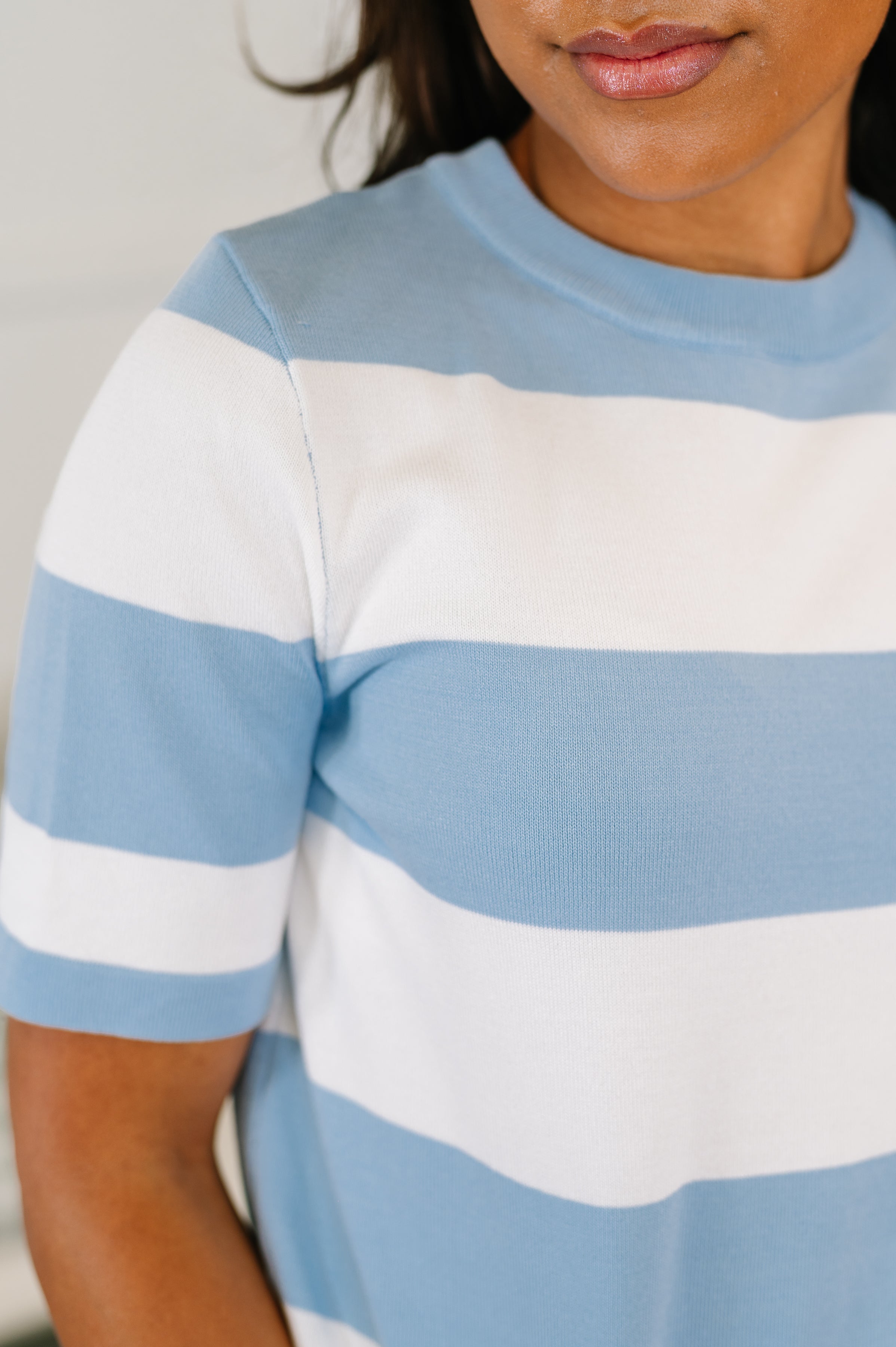 Known for a While Knit Blouse in White and Blue - Charming Charlie