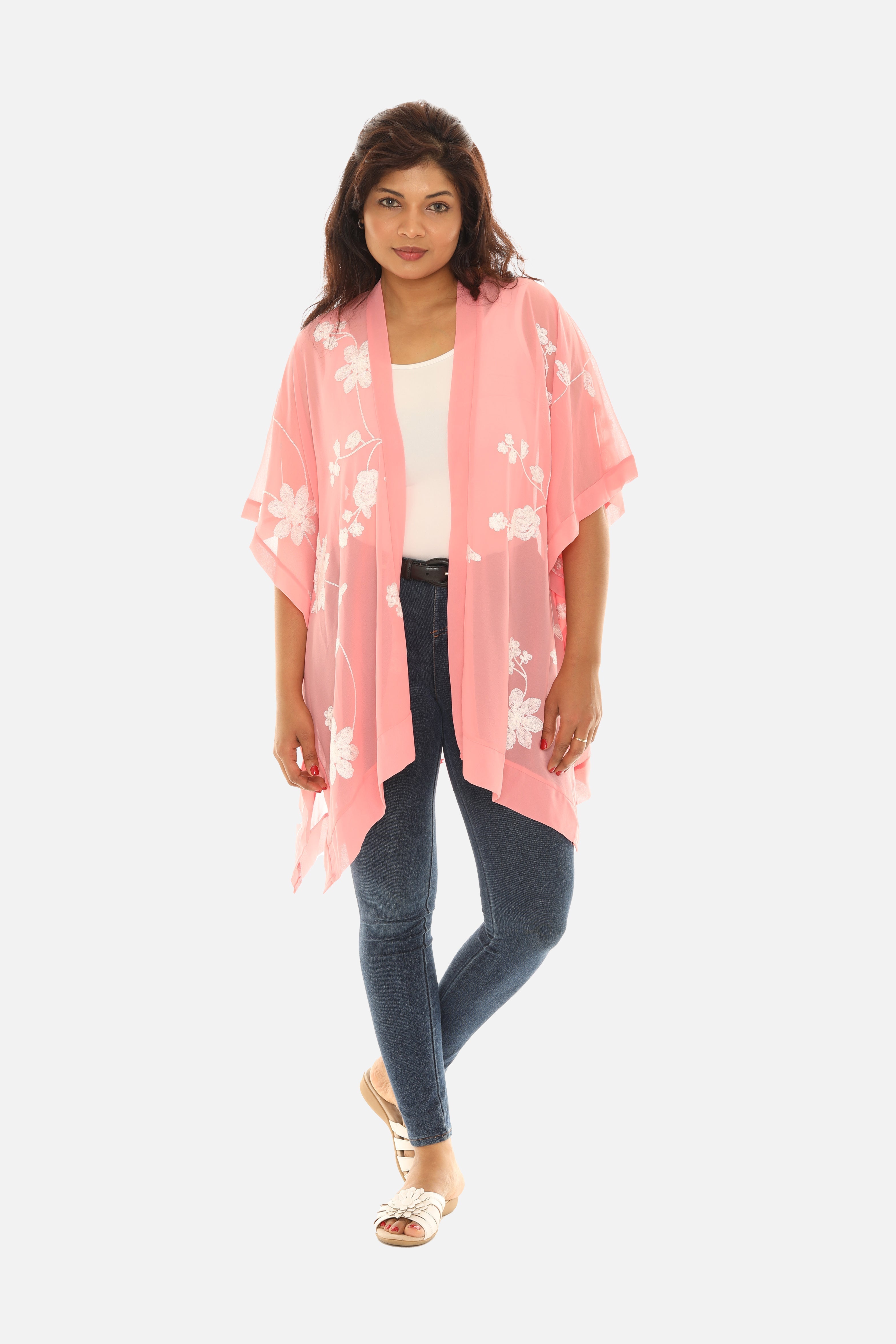 Sheer Floral Embroidered Open Cardigan